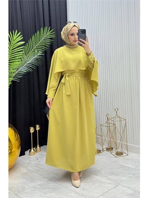 Neşeli Butik Kadın Yağ Yeşili Pelerinli Bel Bağlama Detaylı Tesettür Elbise NMS088