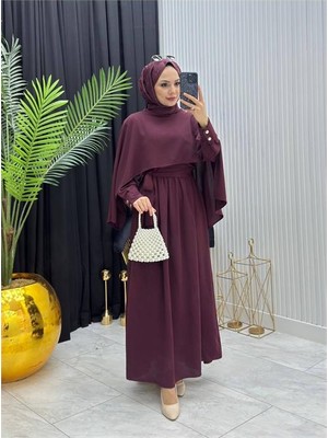 Neşeli Butik Kadın Bordo Pelerinli Bel Bağlama Detaylı Tesettür Elbise NMS088