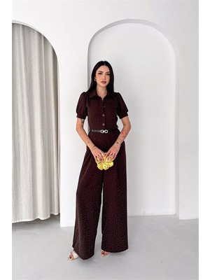 Neşeli Butik Kadın Kahverengi Kemer Detaylı Tam Boy Taşlı Gömlek Yaka Tulum NBK4592