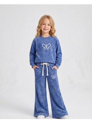 HaanBebe Kız Çocuk Kelebek Nakışlı Peluş Kadife Alt Üst Takım - Ikili Eşofman Takımı