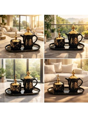 Banum Luxury Lüks Porselan Siyah ve Altın Tonlu 3lü Set Tütsülük