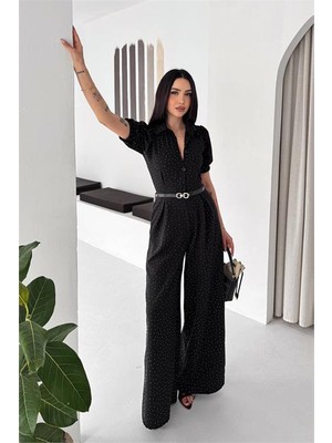 Neşeli Butik Kadın Siyah Kemer Detaylı Tam Boy Taşlı Gömlek Yaka Tulum NBK4592