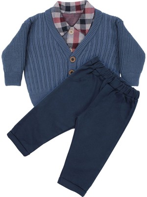 by BebekOdam Erkek Bebek Ekose Gömlekli Lacivert Triko Hırkalı Üçlü Lüks Takım - 1016457