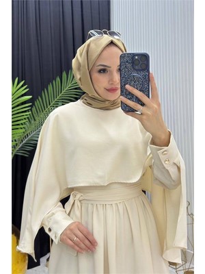 Neşeli Butik Kadın Bej Pelerinli Bel Bağlama Detaylı Tesettür Elbise NMS088
