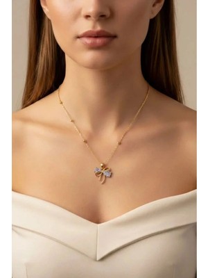 Altın Renk Damla Fiyonk Model Top Zincir Çelik Kolye