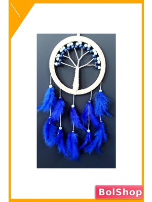 BolShop Saks Mavisi Hayat Ağacı Motifli Duvar Dekorasyonu Kuş Tüylü