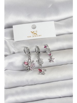 Bucuks Mey Ithalat® Pirinç Gümüş Renk Çiçek Model 3'lü Kadın Küpe