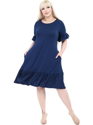 Melsay Butik Kolları Taş Baskılı Fırfırlı Kısa Kollu Lacivert Kadın Midi Elbise