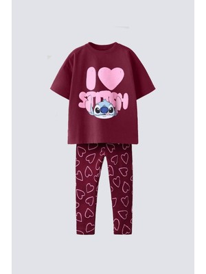 Bubiee Baby Kız Çocuk Bordo Stitch Baskılı Kalp Desenli Pamuklu Esnek Taytlı Takım
