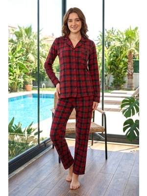 Remsa Kadın Ekose Desen Uzun Kol Milan Kumaş Önü Düğmeli Pijama Takımı 250349