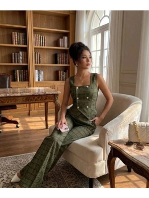 Stores36 Kadın Düğmeli Bürümcük Kumaş Takım