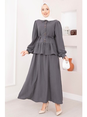 ZMR Önü Düğme Detaylı Etekli Ikili Takım Gri