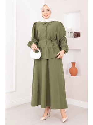 ZMR Önü Düğme Detaylı Etekli Ikili Takım Haki