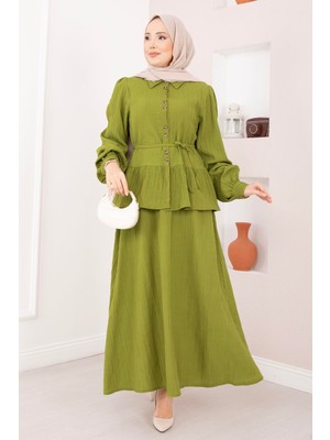 ZMR Önü Düğme Detaylı Etekli Ikili Takım Yağ Yeşil