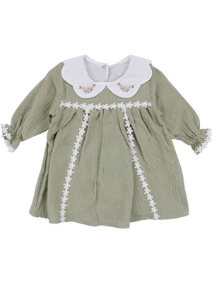 by BebekOdam Kız Bebek Yeşil Nakışlı Yakalı Fistolu Müslin Elbise - 1016524