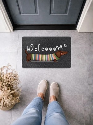 Bert Tatlı Köpek Desenli Welcome Kapı Önü Paspası – Dekoratif Dachshund Tasarımlı Dijital Baskılı Kaydırmaz Pvc Tabanlı Modern Kapı Paspası