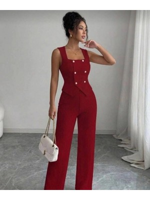 Stores36 Kadın Düğmeli Bürümcük Kumaş Takım