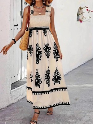 Stores36 Kadın Askılı Kare Yaka Gipe Detaylı Desenli Suprem Elbise