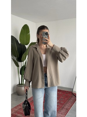 Asfa Moda Kadın Vizon Oversize Modal Tensel Kumaş Gömlek Uzun Kollu Salaş Kesim Düğmeli Günlük Şık Gömlek