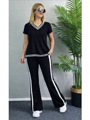 Stores36 Kadın Kısa Kollu V Yakalı Viskon Iki Iplik Bluz ve Pantolon Ikili Takım