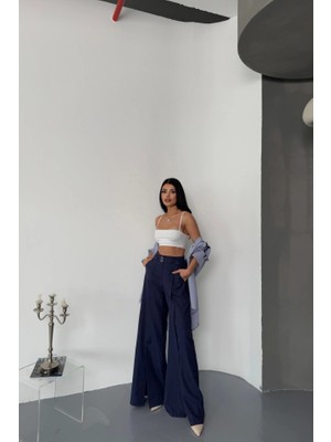 Stores36 Salaş Önden Yırtmaç Detaylı Bel Kemerli Pantolon - Lacivert