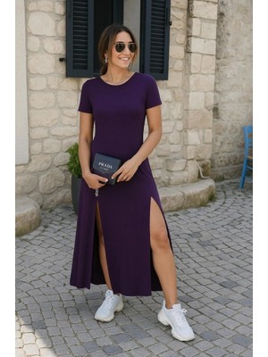 Stores36 Kadın Kısa Kollu Sırt Dekolteli Yırtmaç Detaylı Viskon Elbise