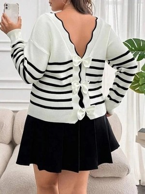 Stores36 Kadın Beyaz Sırt Bağlama Detaylı Çizgi Desen Triko Bluz