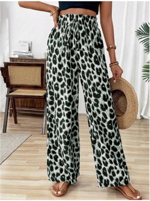 Stores36 Kadın Beli Lastikli Leopar Desen Süprem Pantolon