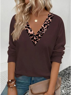 Stores36 Kadın Uzun Kollu V Yakalı Leopar Detaylı Viskon Iki Iplik Bluz