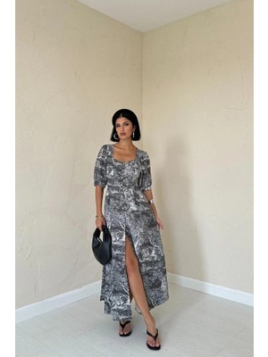 Stores36 Haki Önü Düğmeli Kalp Yaka Elbise