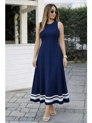 Stores36 Kadın Askılı Yuvarlak Yakalı Etek Ucu Şerit Detaylı Uzun Viskon Elbise