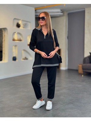 Stores36 Kadın Uzun Kollu Ribana ve Fermuar Detay Bluz ve Yüksel Bel Pantolon 2li Takım