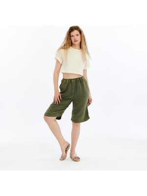 S-Ponder Kadın Yıkamalı Cepli Bermuda Şort %100 Pamuklu