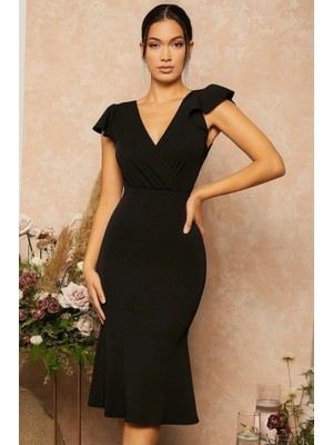 Stores36 Kadın Kısa Kelebek Kollu Kruvaze Yaka Ithal Krep Midi Elbise