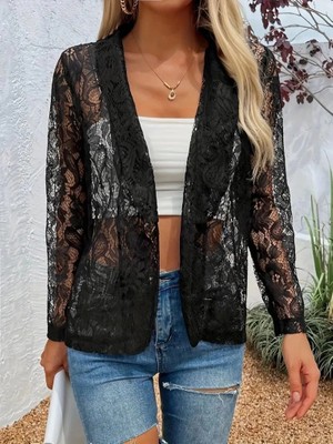 Stores36 Kadın Uzun Kollu Yakalı Önü Açık Dantelli Ceket