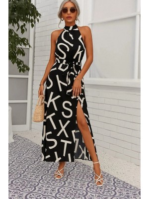 Stores36 Kadın Omuzlardan Açık Halter Yakalı Yırtmaçlı Çiçek Desenli Süprem Elbise