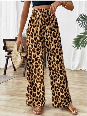 Stores36 Kadın Beli Lastikli Leopar Desen Süprem Pantolon