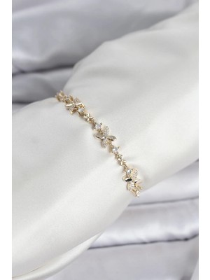 İlk El Grup Ieg™  Gold Renk Yonca Model Zirkon Taşlı Asansörlü Kadın Bileklik TG27BB8341