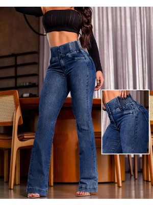 Stores36 Kadın Yüksek Bel Yanları Lastik Önü Düğmeli Kot Pantolon