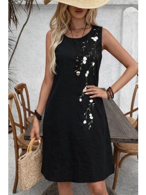 Stores36 Kadın Askılı Yuvarlak Yakalı Çiçek Desenli Kısa Elbise