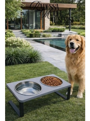 Reyo Ok-Ay Store Radessa Xl Yüksek Standlı Çift Hazneli Mama ve Su Kabı, Büyük ve Orta Boy Köpek ve Kedi Su Kabı Paslanmaz Çelik Gri