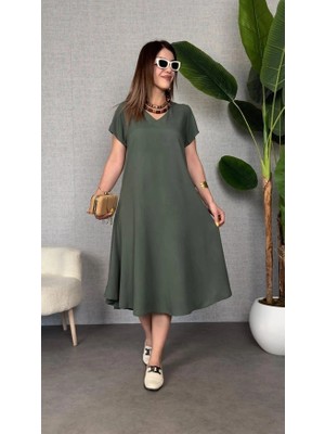 Stores36 Kadın Kısa Kollu V Yaka Salaş Maxi Boy Elbise