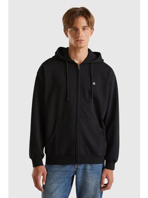 United Colors Of Benetton Siyah Erkek ERK_%100 Pamuk Dar Kesim Fermuarlı Kapüşonlu Sweatshirt Model Kodu: 342ZU500PSIYAH