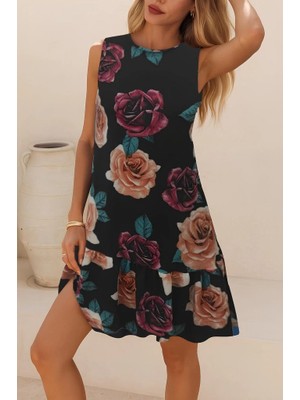 Stores36 Kadın Kolsuz Sırttan Bağlamalı Fırfırlı Leopar Desenli Süprem Elbise