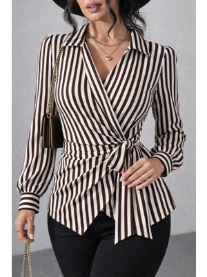 Stores36 Kadın Çizgili Kruvaze Bağlamalı Gömlek