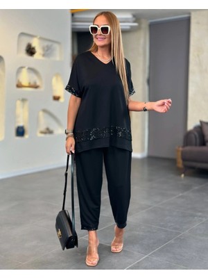 Stores36 Kadın Kısa Kollu V Yakalı Pul Payetli Viskon Iki Iplik Bluz ve Pantolon Ikili Takım