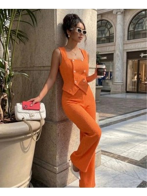 Stores36 Kadın Düğmeli Bürümcük Kumaş Takım