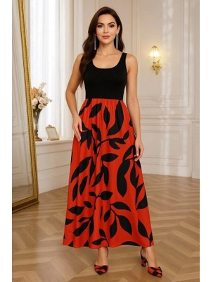 Stores36 Kadın Askılı Yuvarlak Yaka Üst Viskon Alt Desenli Uzun Süprem Elbise