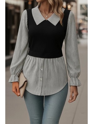 Stores36 Kadın Uzun Kollu Yakalı Önden Düğmeli Ottoman Bluz