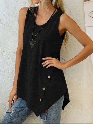 Stores36 Kadın Askılı Yuvarlak Yakalı Asimetrik Kesim Detaylı Viskon Bluz